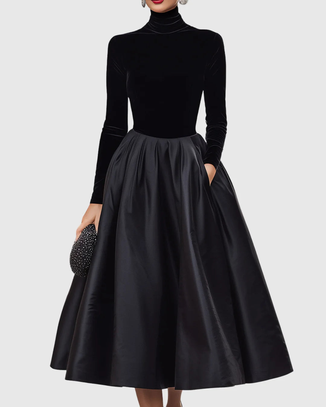 Elegant Black Velvet And Satin Midi Dress
