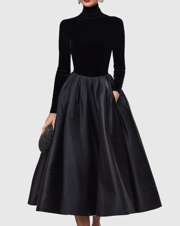 Elegant Black Velvet And Satin Midi Dress