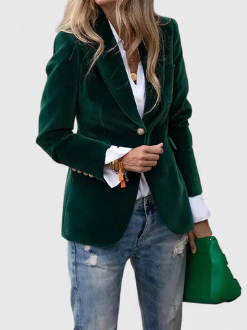 Women's velvet button-front notch lapel winter blazer with cuffs - Black