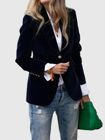 Women's velvet button-front notch lapel winter blazer with cuffs - Black