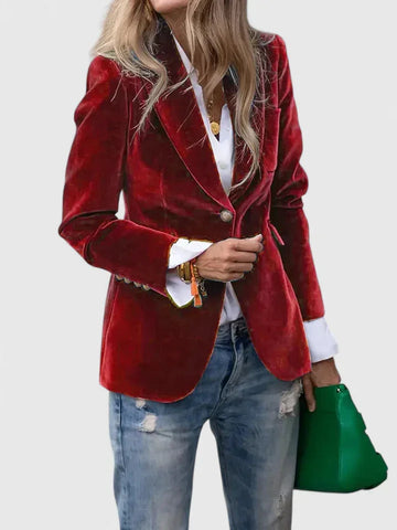 Women's velvet button-front notch lapel winter blazer with cuffs - Black