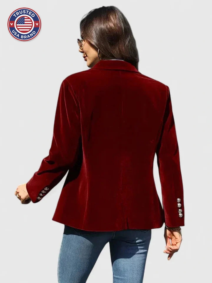 Women's velvet button-front notch lapel winter blazer with cuffs - Black