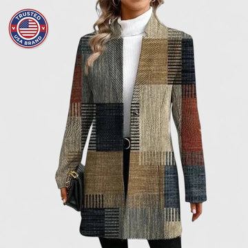 Women's check tweed button-front winter wool coat with patchwork pattern - Multi-colored