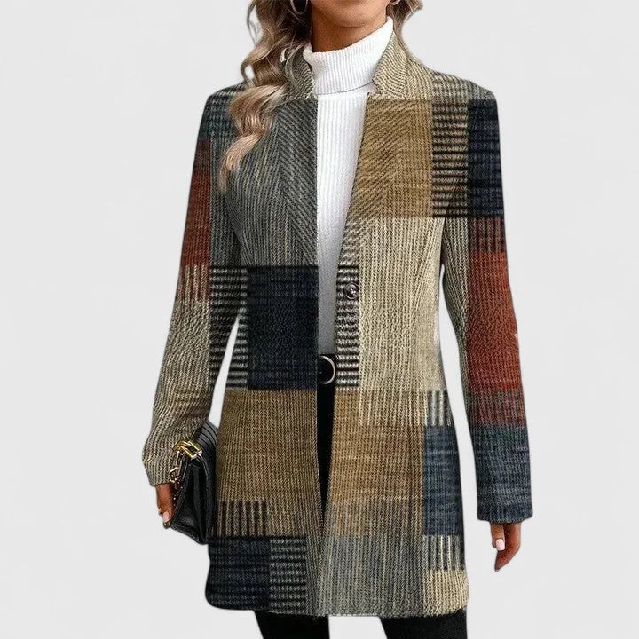 Women's check tweed button-front winter wool coat with patchwork pattern - Multi-colored
