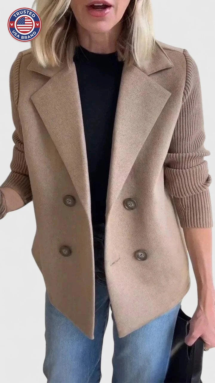 Women's wool double-breasted notch lapel winter blazer with ribbed knit sleeves - Pink