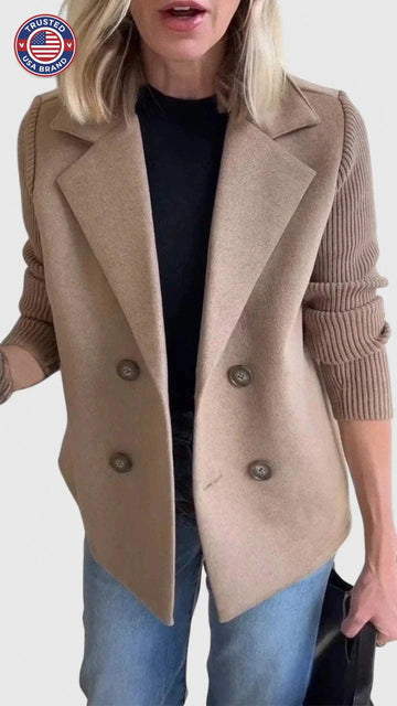 Women's wool double-breasted notch lapel winter blazer with ribbed knit sleeves - Pink