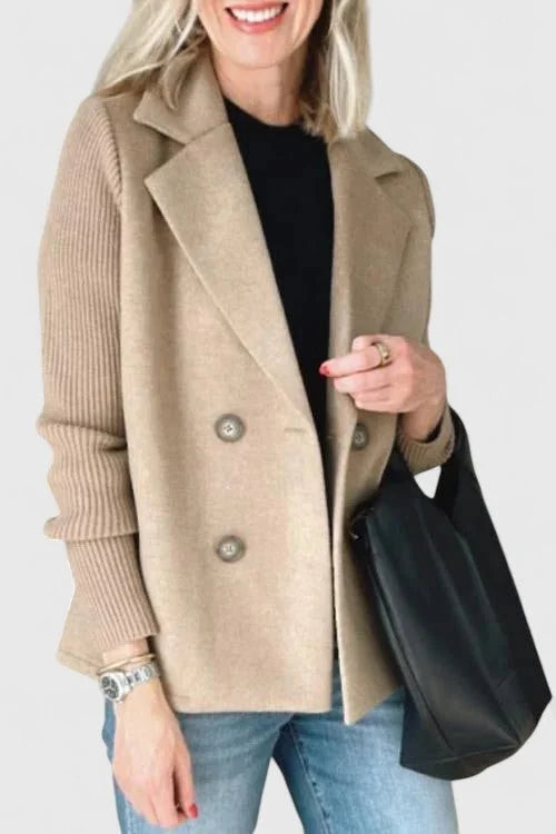 Women's wool double-breasted notch lapel winter blazer with ribbed knit sleeves - Pink