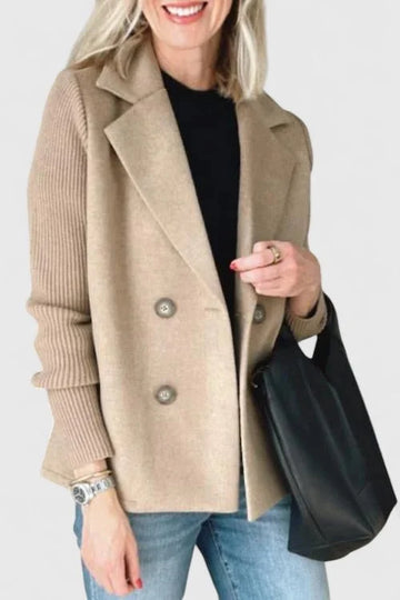 Women's wool double-breasted notch lapel winter blazer with ribbed knit sleeves - Pink