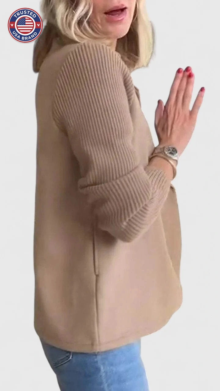 Women's wool double-breasted notch lapel winter blazer with ribbed knit sleeves - Pink