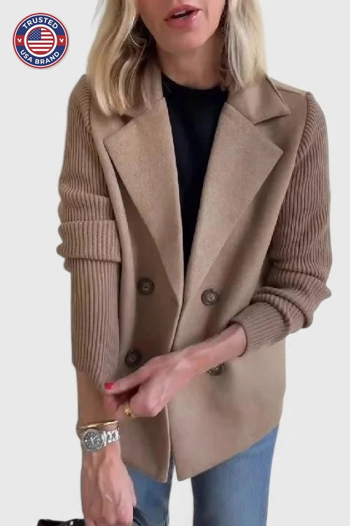 Women's wool double-breasted notch lapel winter blazer with ribbed knit sleeves - Pink