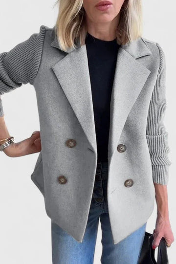 Women's wool double-breasted notch lapel winter blazer with ribbed knit sleeves - Pink
