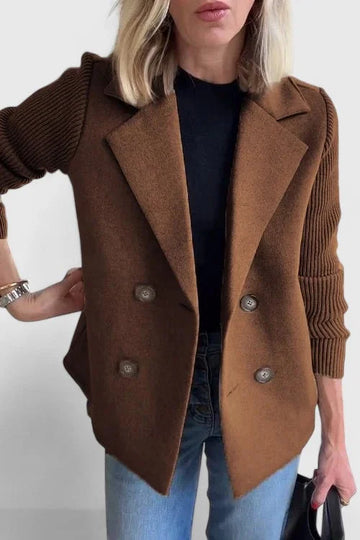 Women's wool double-breasted notch lapel winter blazer with ribbed knit sleeves - Pink