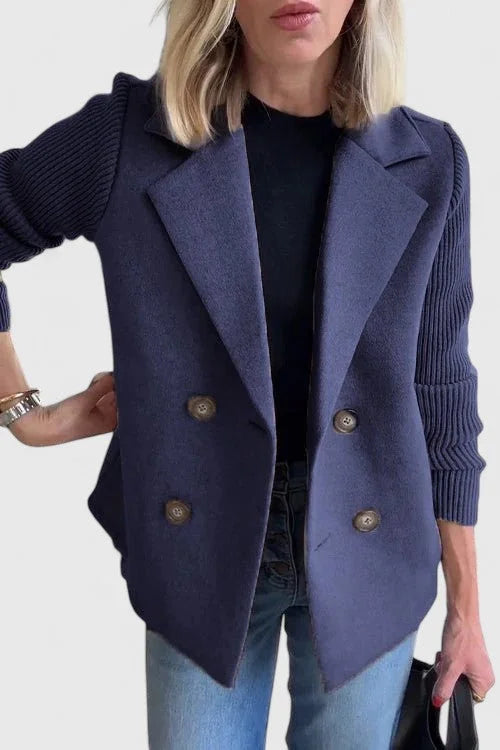 Women's wool double-breasted notch lapel winter blazer with ribbed knit sleeves - Pink