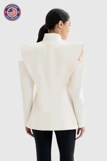 Women's open-front stand collar winter blazer - White
