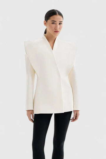 Women's open-front stand collar winter blazer - White