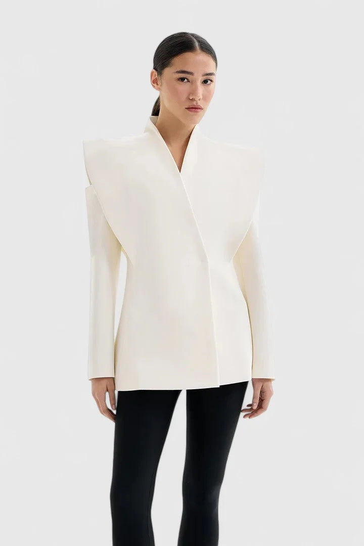 Women's open-front stand collar winter blazer - White