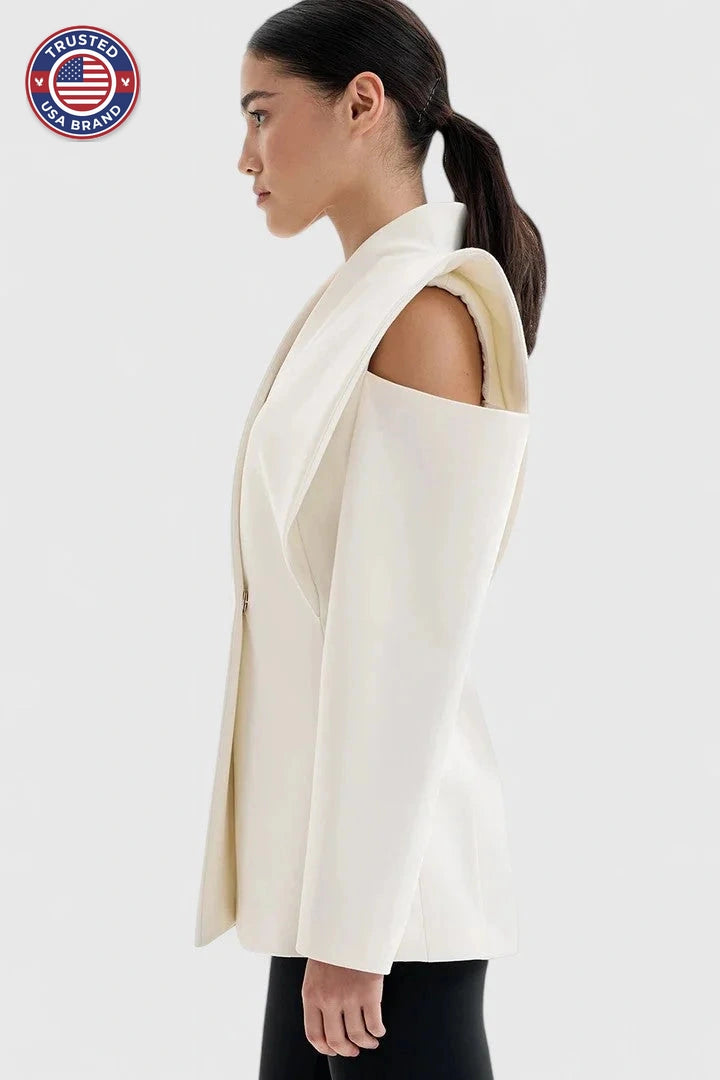 Women's open-front stand collar winter blazer - White