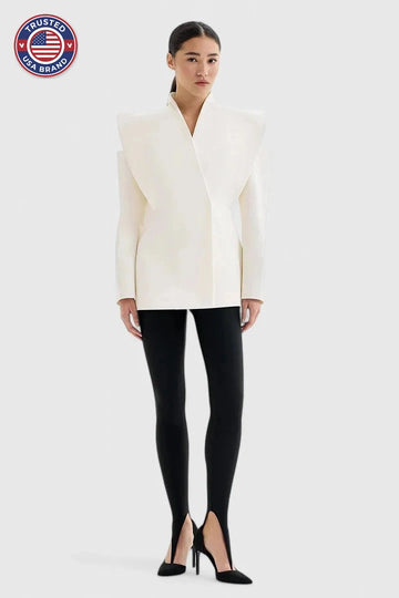 Women's open-front stand collar winter blazer - White