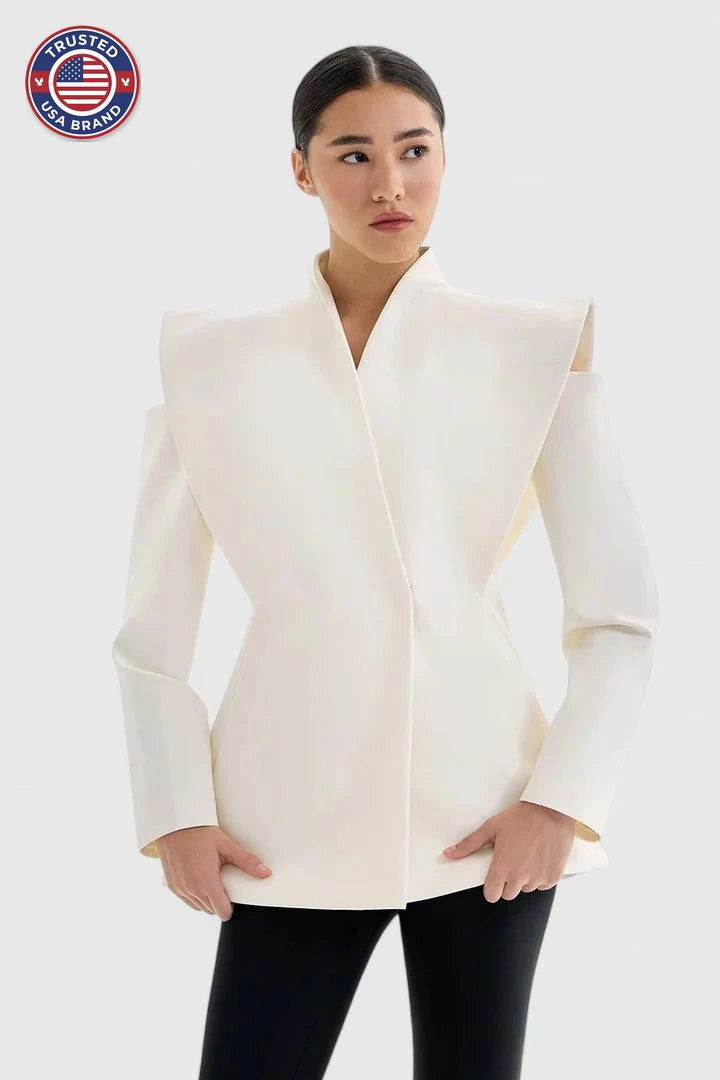 Women's open-front stand collar winter blazer - White
