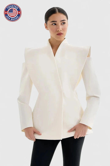 Women's open-front stand collar winter blazer - White