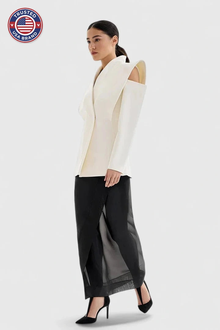Women's open-front stand collar winter blazer - White