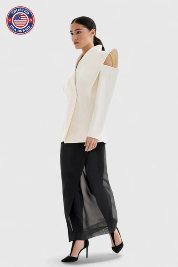 Women's open-front stand collar winter blazer - White