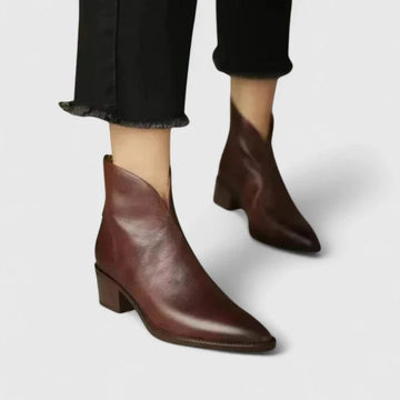 Women's faux leather side zip ankle winter boots with pointed toe and v-cut shaft - Black