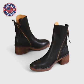 Women's faux leather side zip ankle winter boots with platform sole - Black