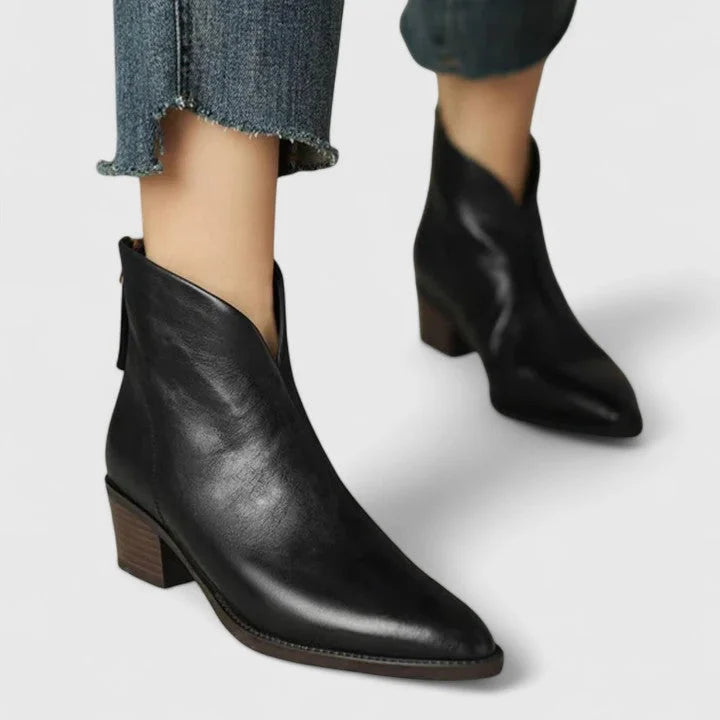 Women's faux leather side zip ankle winter boots with pointed toe and v-cut shaft - Black