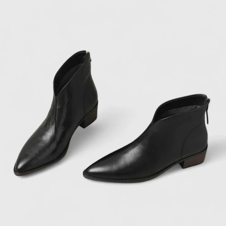 Women's faux leather side zip ankle winter boots with pointed toe and v-cut shaft - Black