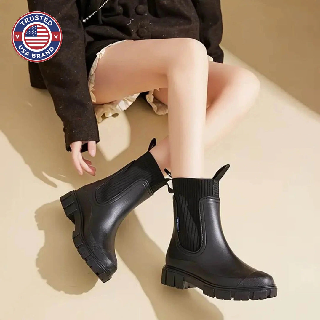 Women's ankle winter boots with ribbed knit shaft - Black
