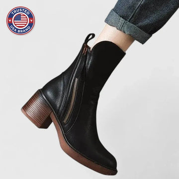 Women's faux leather side zip ankle winter boots with platform sole - Black