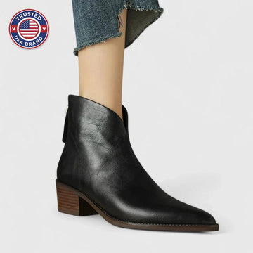 Women's faux leather side zip ankle winter boots with pointed toe and v-cut shaft - Black