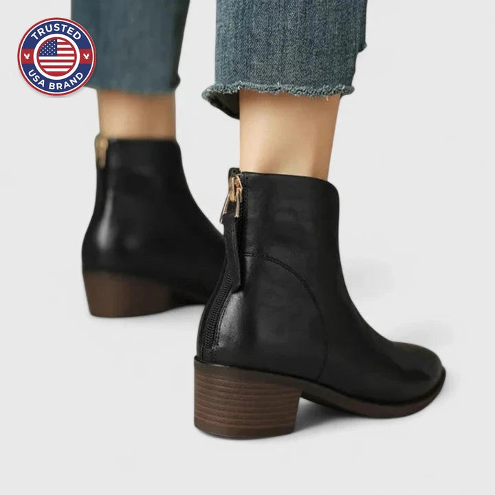 Women's faux leather side zip ankle winter boots with pointed toe and v-cut shaft - Black