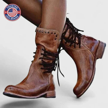 Women's faux leather lace-up combat winter boots with studded cuff - Brown