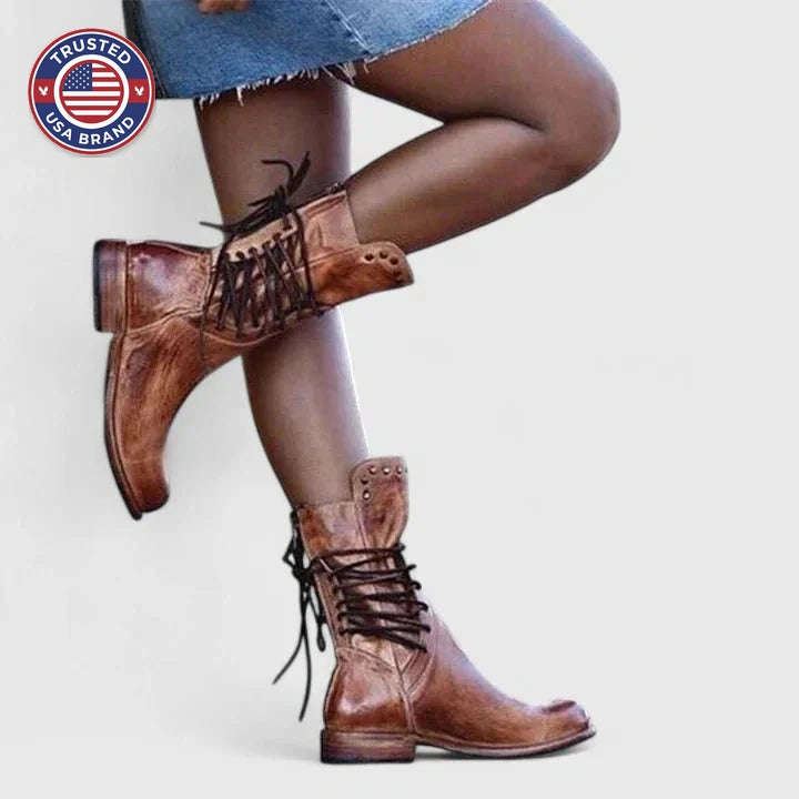 Women's faux leather lace-up combat winter boots with studded cuff - Brown