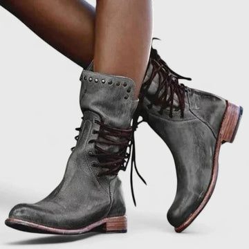 Women's faux leather lace-up combat winter boots with studded cuff - Brown