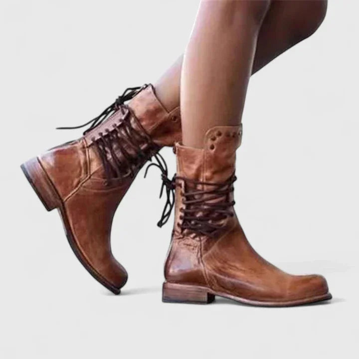 Women's faux leather lace-up combat winter boots with studded cuff - Brown