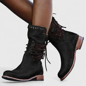 Women's faux leather lace-up combat winter boots with studded cuff - Brown