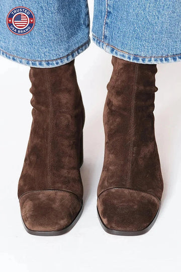 Women's suede side zip ankle winter boots with square toe - Dark Brown