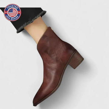 Women's faux leather side zip ankle winter boots with pointed toe - Dark Brown