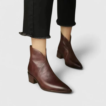 Women's faux leather side zip ankle winter boots with pointed toe - Dark Brown
