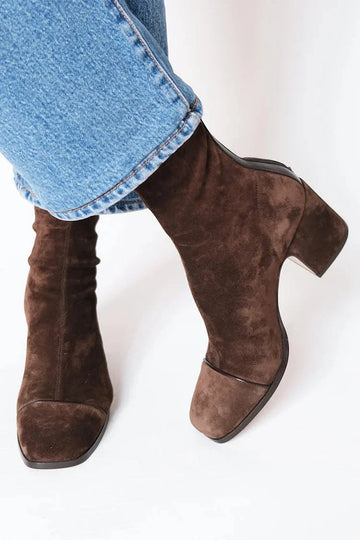 Women's suede side zip ankle winter boots with square toe - Dark Brown