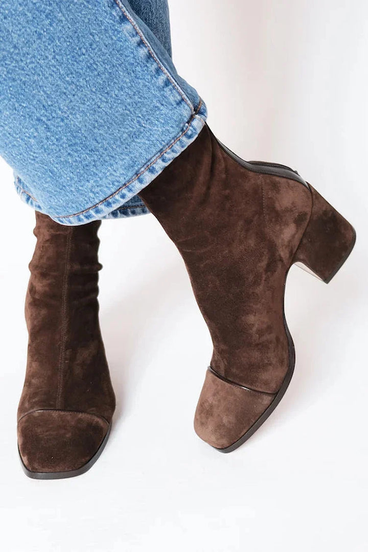 Women's suede side zip ankle winter boots with square toe - Dark Brown