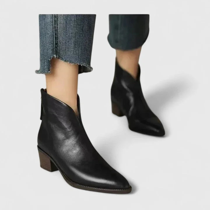 Women's faux leather side zip ankle winter boots with pointed toe - Dark Brown