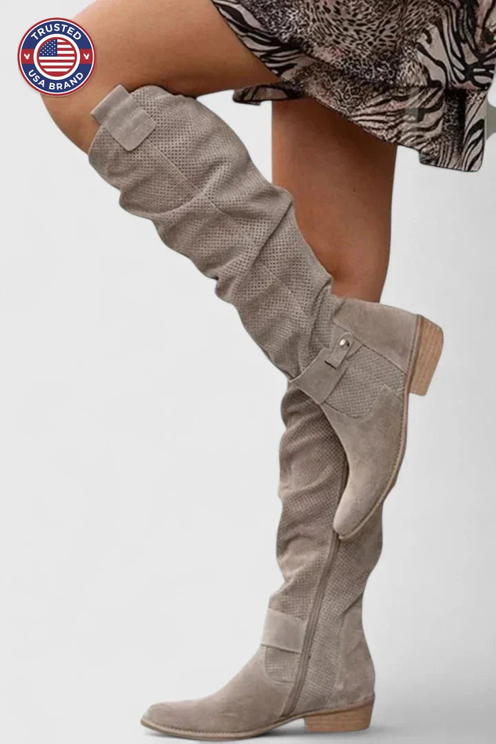Women's suede side zip knee high winter boots with perforated shaft - Khaki