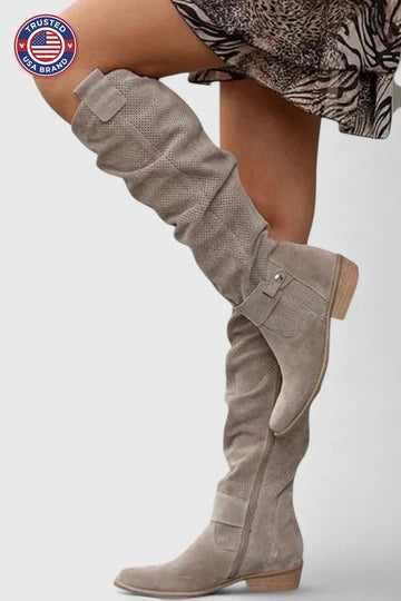Women's suede side zip knee high winter boots with perforated shaft - Khaki