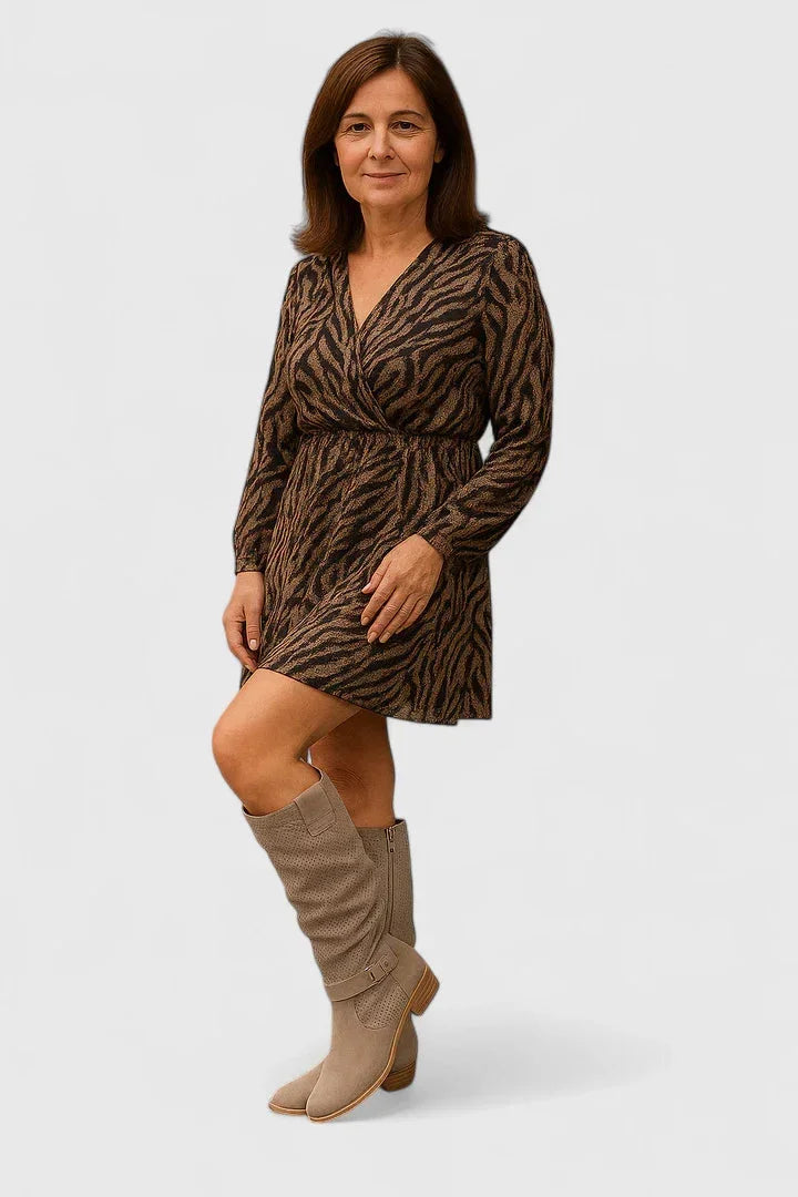 Women's suede side zip knee high winter boots with perforated shaft - Khaki