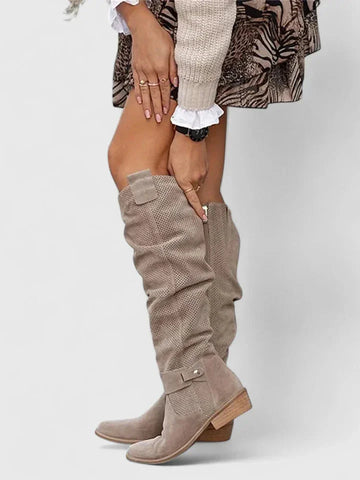 Women's suede side zip knee high winter boots with perforated shaft - Khaki