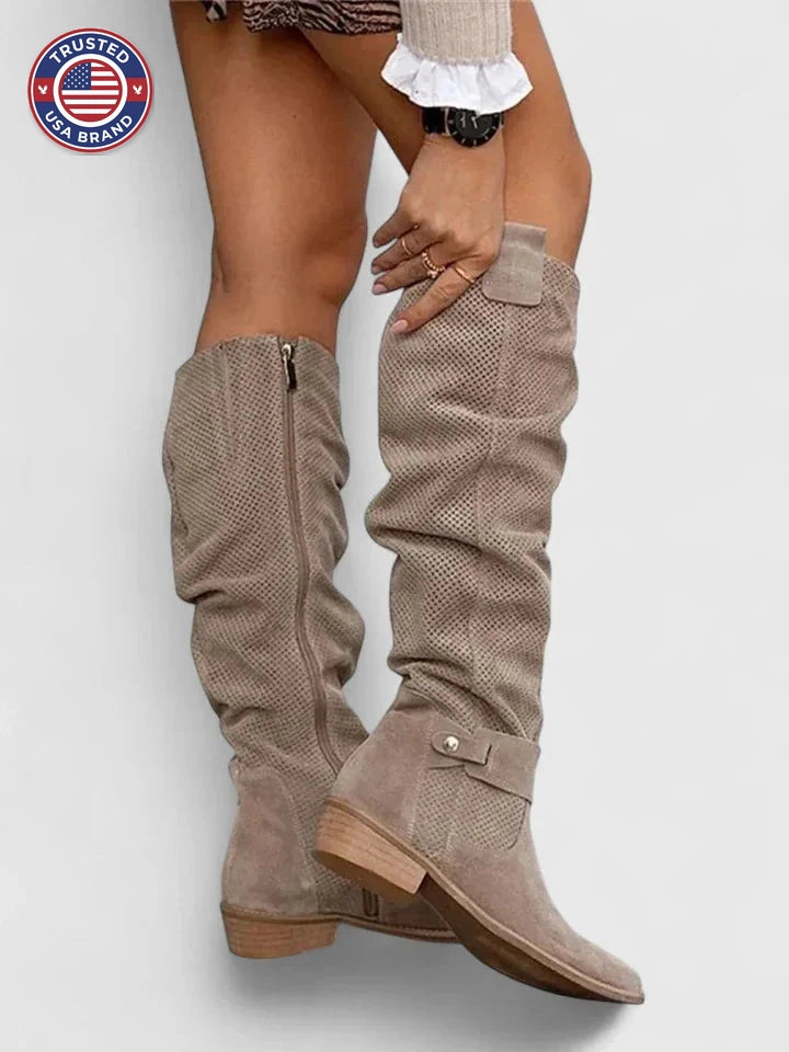 Women's suede side zip knee high winter boots with perforated shaft - Khaki